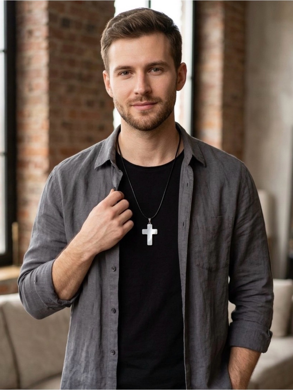 Men's Silver Cross Pendant Necklace - Classic Black Cord